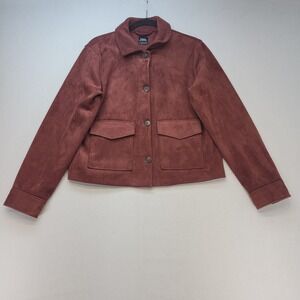 Zara Faux Suede Jacket Womens Large Burgundy Utility Button Front Flap Pockets